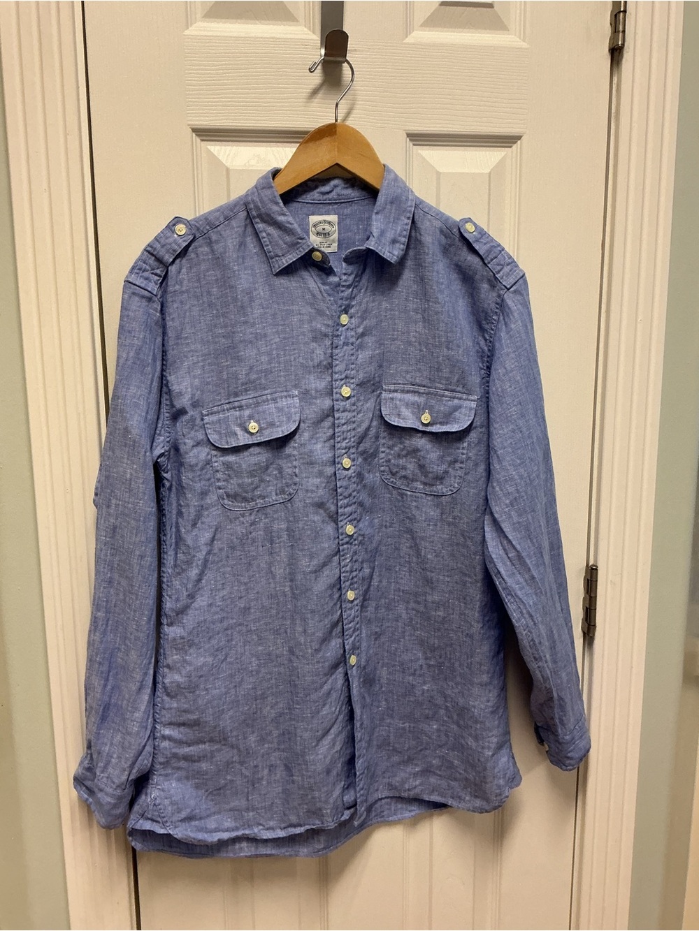 Brooks Brothers SZ M Irish Linen Slim Fit Blue Long sleeve Button Down Shirt